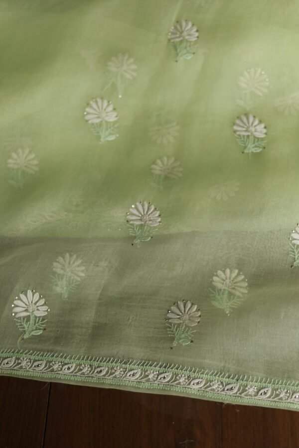 Noor Organza Silk Chikankari Mukaish Kamdani Unstitched Fabric - Image 11