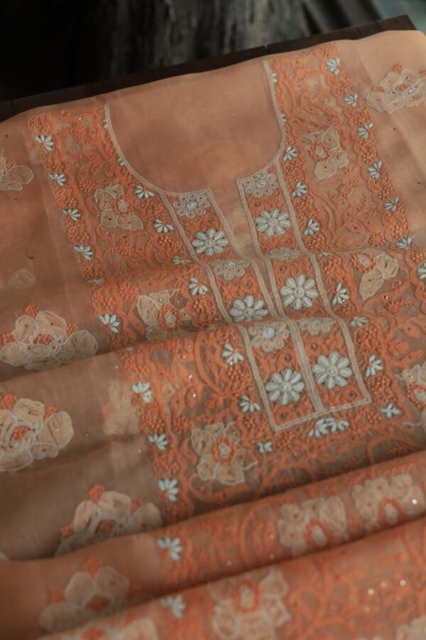 Noor Organza Silk Chikankari Mukaish Kamdani Unstitched Fabric - Image 11