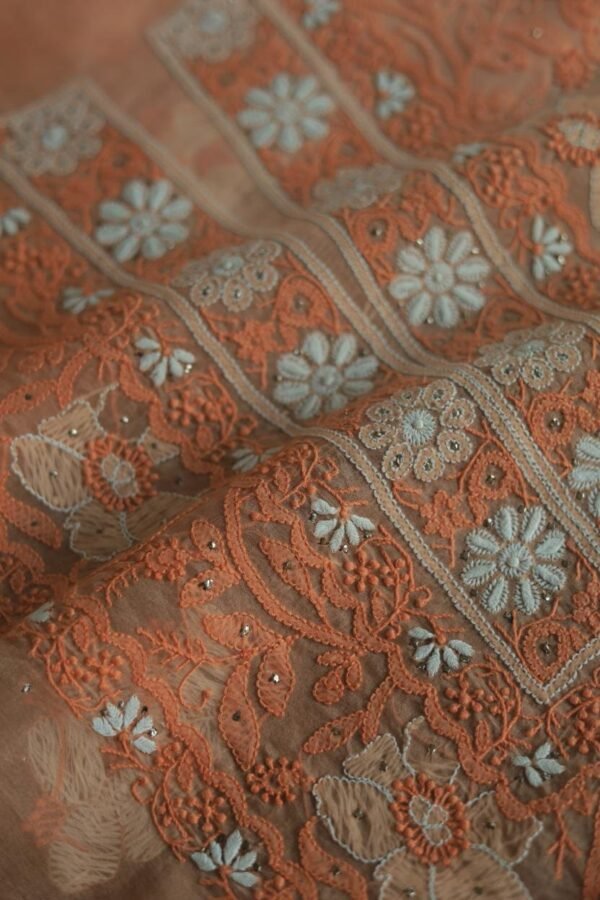 Noor Organza Silk Chikankari Mukaish Kamdani Unstitched Fabric - Image 12