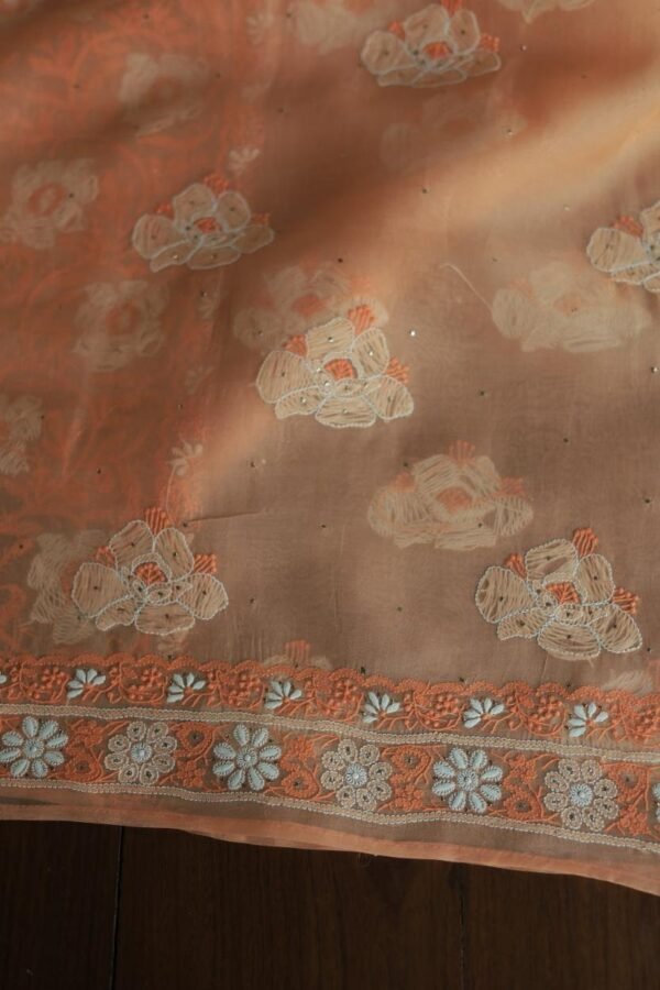Noor Organza Silk Chikankari Mukaish Kamdani Unstitched Fabric - Image 13