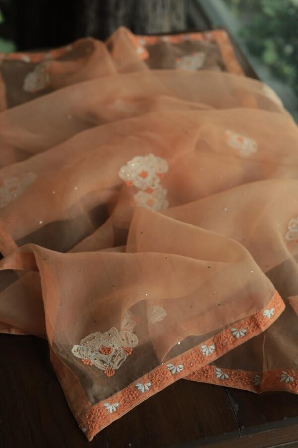 Noor Organza Silk Chikankari Mukaish Kamdani Unstitched Fabric - Image 14