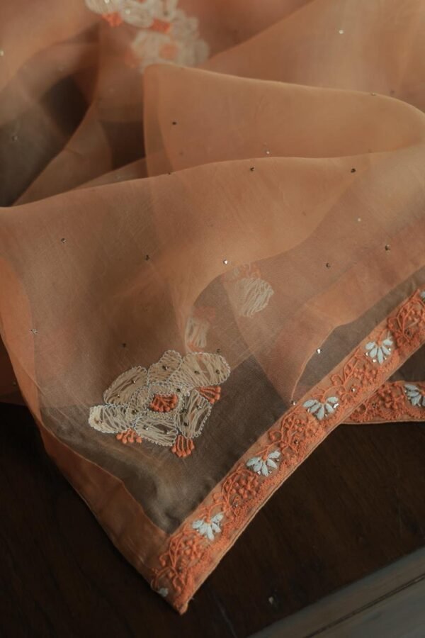 Noor Organza Silk Chikankari Mukaish Kamdani Unstitched Fabric - Image 15