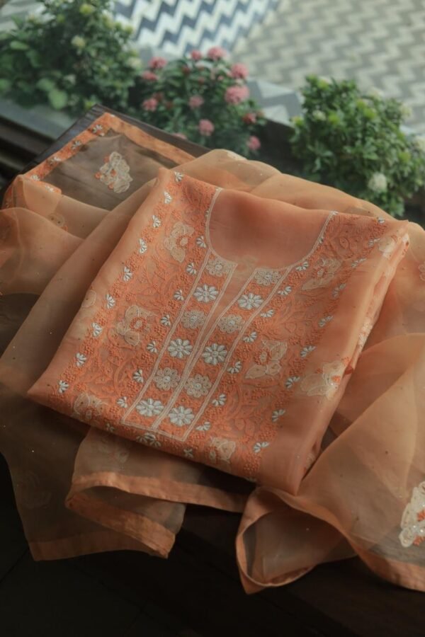 Noor Organza Silk Chikankari Mukaish Kamdani Unstitched Fabric - Image 16