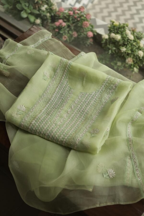 Noor Organza Silk Chikankari Mukaish Kamdani Unstitched Fabric - Image 3