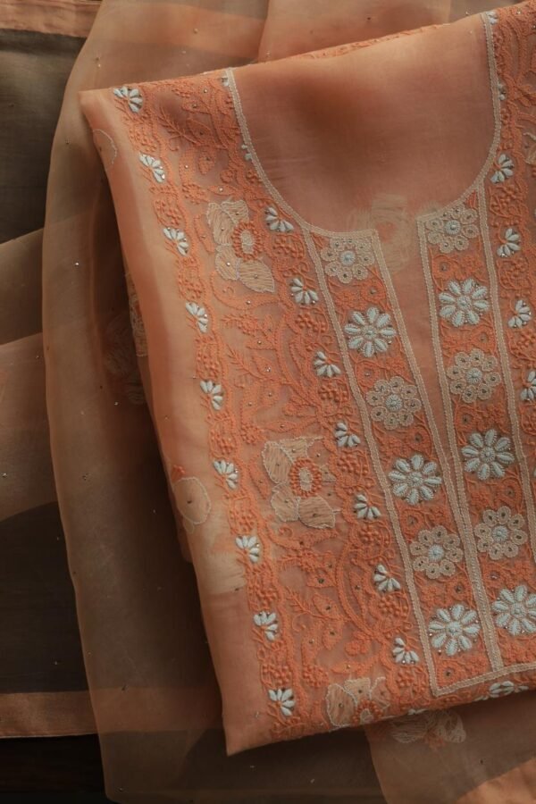 Noor Organza Silk Chikankari Mukaish Kamdani Unstitched Fabric - Image 4