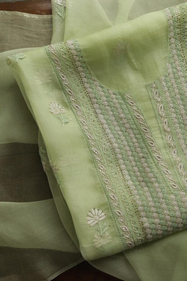 Noor Organza Silk Chikankari Mukaish Kamdani Unstitched Fabric