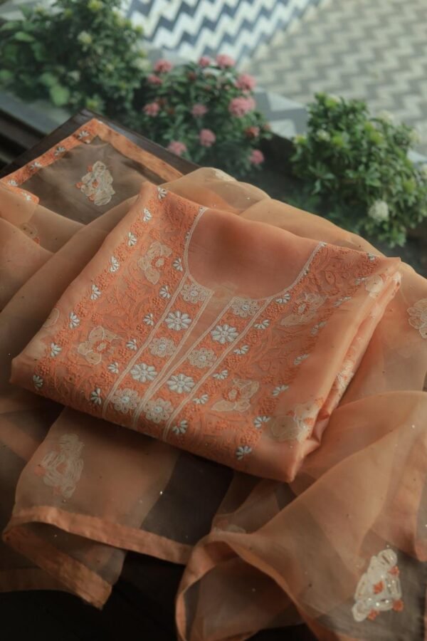 Noor Organza Silk Chikankari Mukaish Kamdani Unstitched Fabric - Image 5