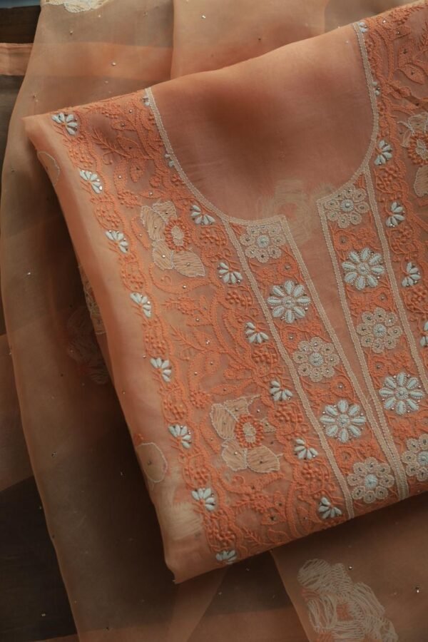 Noor Organza Silk Chikankari Mukaish Kamdani Unstitched Fabric - Image 6