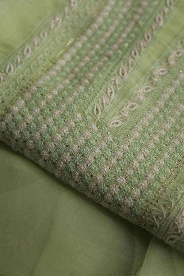 Noor Organza Silk Chikankari Mukaish Kamdani Unstitched Fabric - Image 6