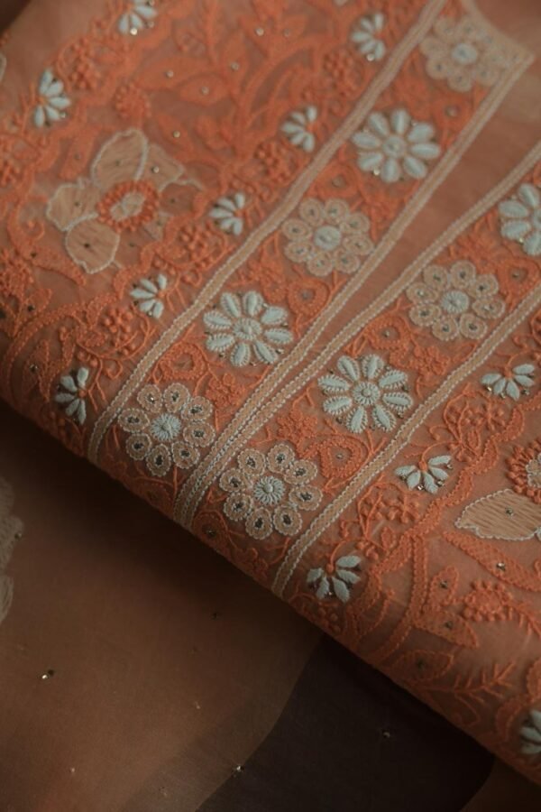 Noor Organza Silk Chikankari Mukaish Kamdani Unstitched Fabric - Image 2