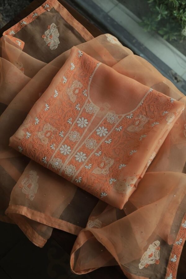 Noor Organza Silk Chikankari Mukaish Kamdani Unstitched Fabric - Image 8