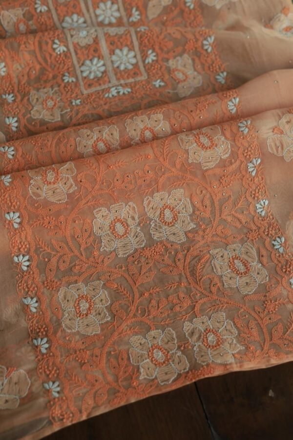 Noor Organza Silk Chikankari Mukaish Kamdani Unstitched Fabric - Image 10