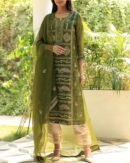Forest Green Noor Organza Silk Chikankari Straight Cut Kurta Dupatta Set