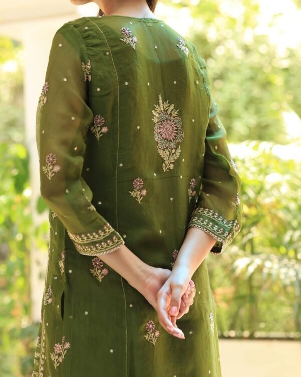 Forest Green Noor Organza Silk Chikankari Straight Cut Kurta Dupatta Set - Image 11