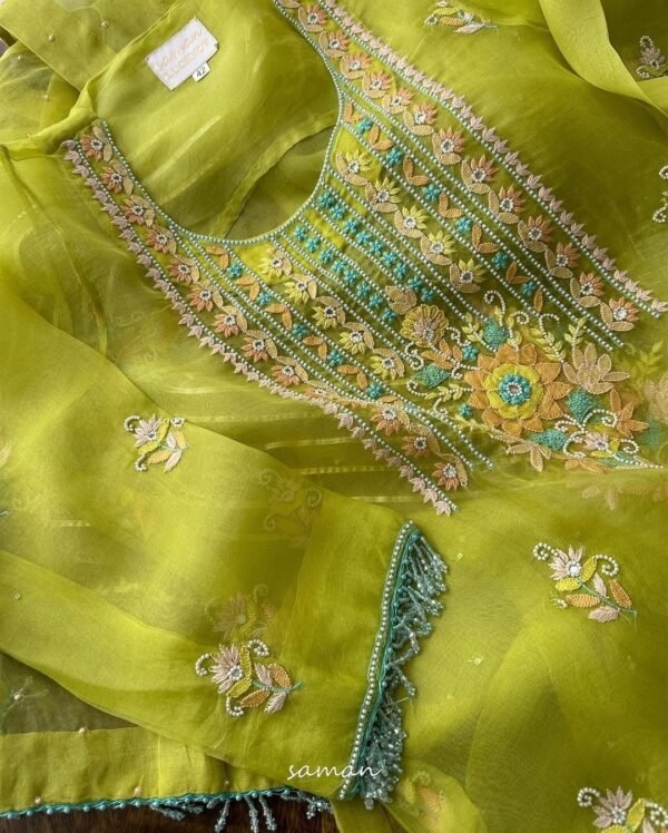 Noor Organza Silk Zardosi Work Fine Resham Chikankari Kurta Set - Image 2