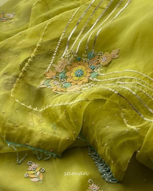 Noor Organza Silk Zardosi Work Fine Resham Chikankari Kurta Set - Image 7
