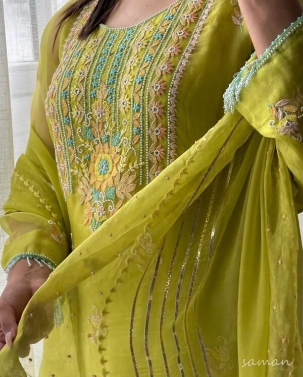 Noor Organza Silk Zardosi Work Fine Resham Chikankari Kurta Set - Image 4