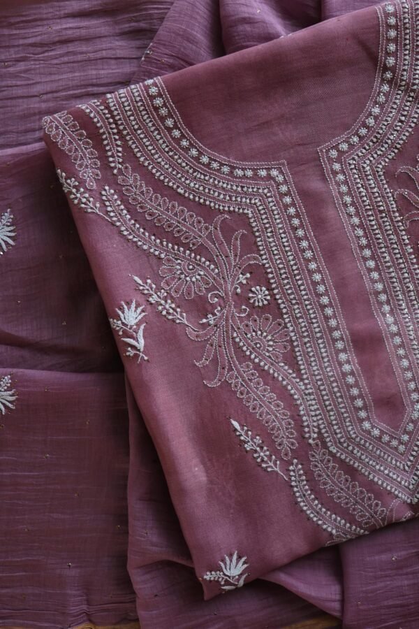 Old Mauve Mal Cotton Chikankari Unstitched Kurta Dupatta Fabrics With Kamdani - Image 2