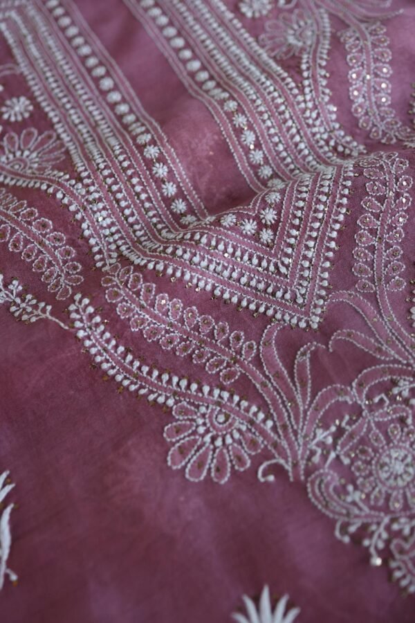 Old Mauve Mal Cotton Chikankari Unstitched Kurta Dupatta Fabrics With Kamdani - Image 12