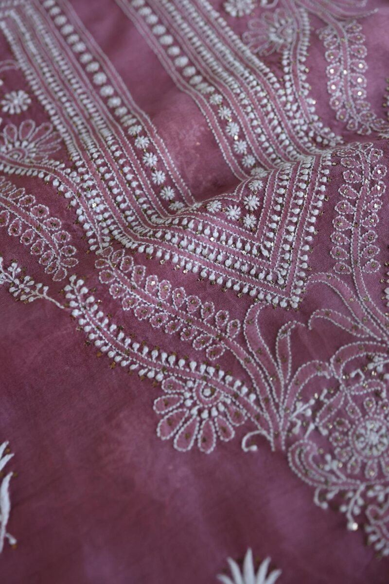 Old Mauve Mal Cotton Chikankari Unstitched Kurta Dupatta Fabrics With Kamdani