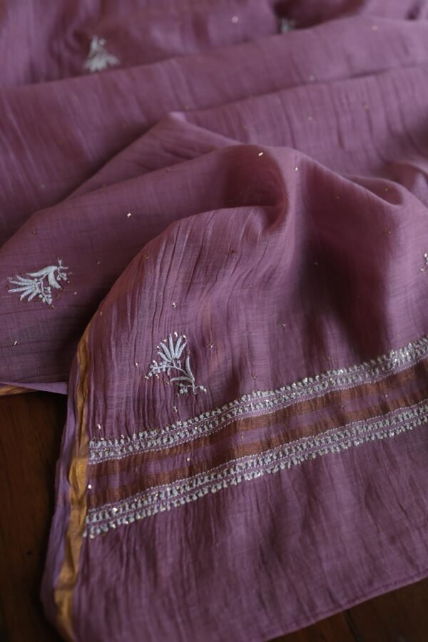 Old Mauve Mal Cotton Chikankari Unstitched Kurta Dupatta Fabrics With Kamdani - Image 14