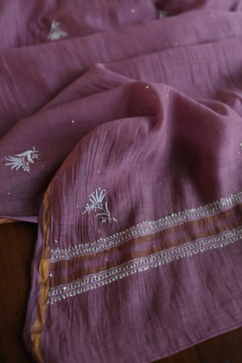 Old Mauve Mal Cotton Chikankari Unstitched Kurta Dupatta Fabrics With Kamdani