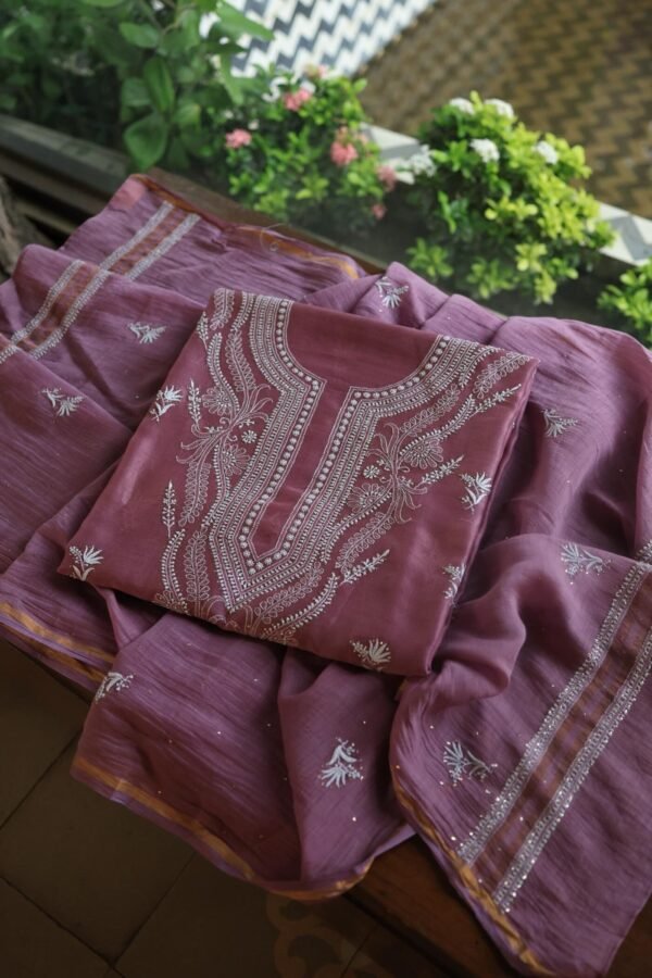 Old Mauve Mal Cotton Chikankari Unstitched Kurta Dupatta Fabrics With Kamdani - Image 5