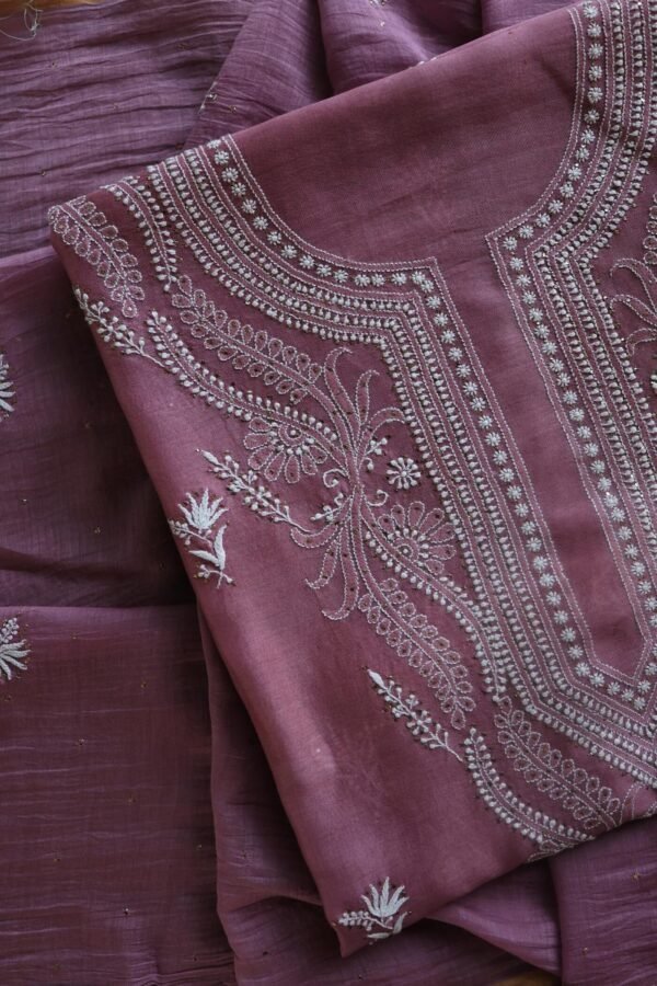 Old Mauve Mal Cotton Chikankari Unstitched Kurta Dupatta Fabrics With Kamdani - Image 6