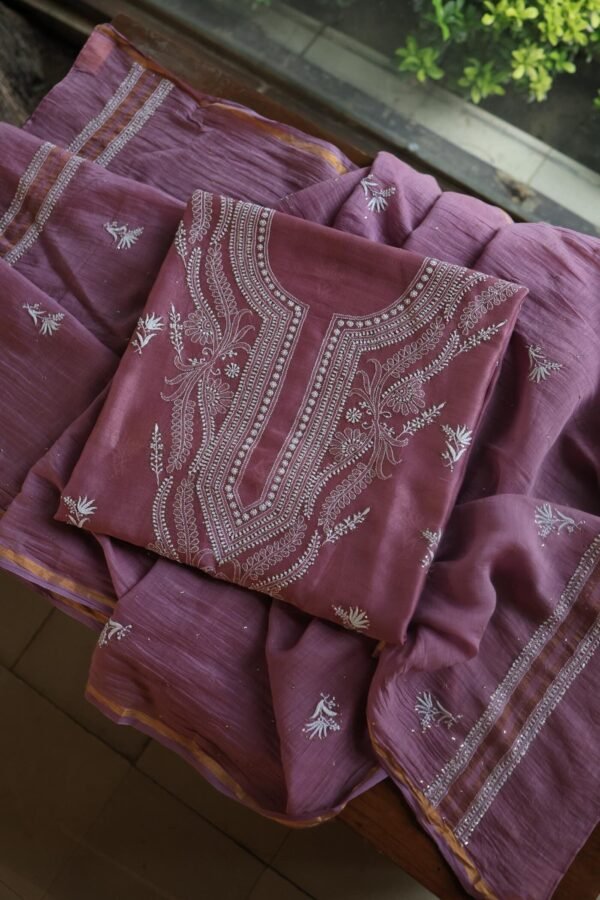Old Mauve Mal Cotton Chikankari Unstitched Kurta Dupatta Fabrics With Kamdani - Image 7