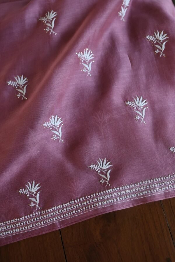 Old Mauve Mal Cotton Chikankari Unstitched Kurta Dupatta Fabrics With Kamdani - Image 8
