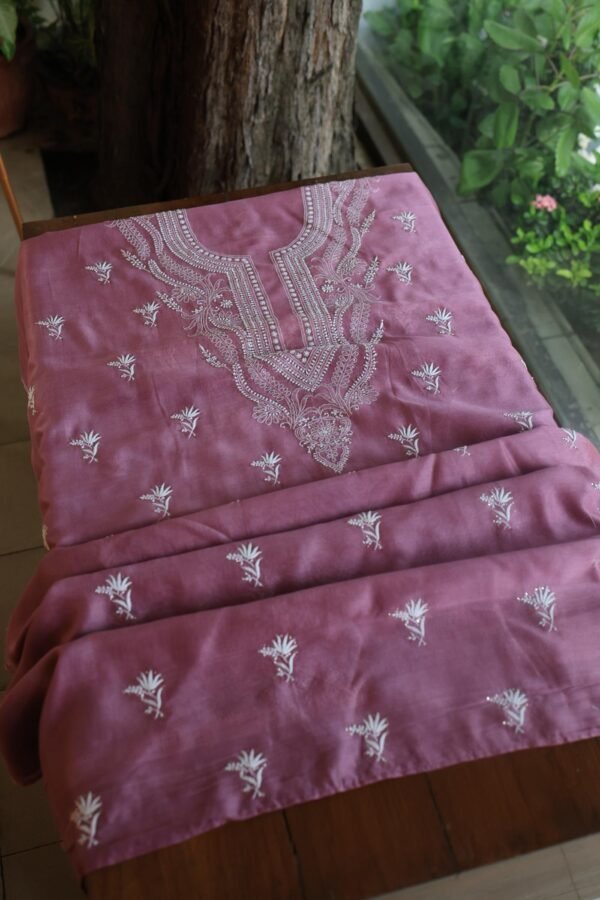 Old Mauve Mal Cotton Chikankari Unstitched Kurta Dupatta Fabrics With Kamdani - Image 9