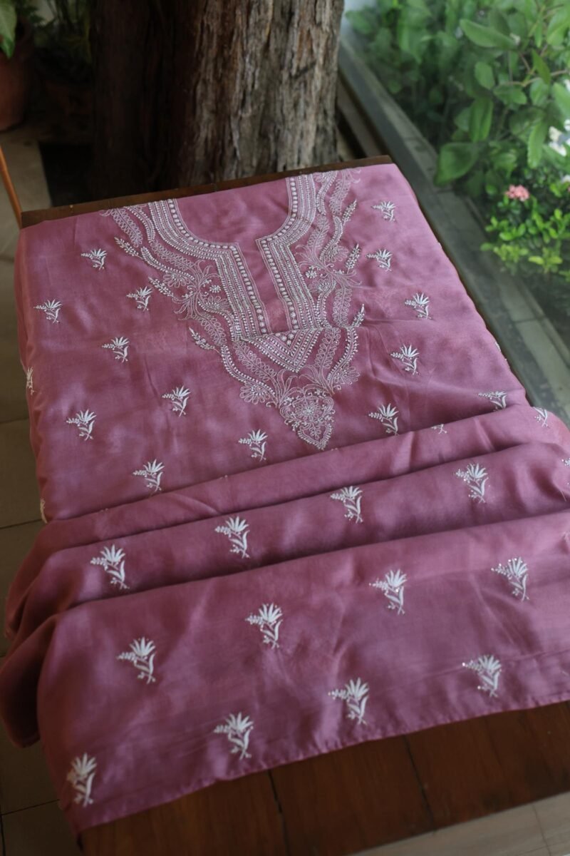 Old Mauve Mal Cotton Chikankari Unstitched Kurta Dupatta Fabrics With Kamdani