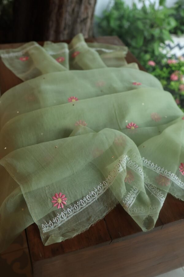 Olive Green Noor Organza Silk Chikankari With Mukaish Kamdani Fabric - Image 8