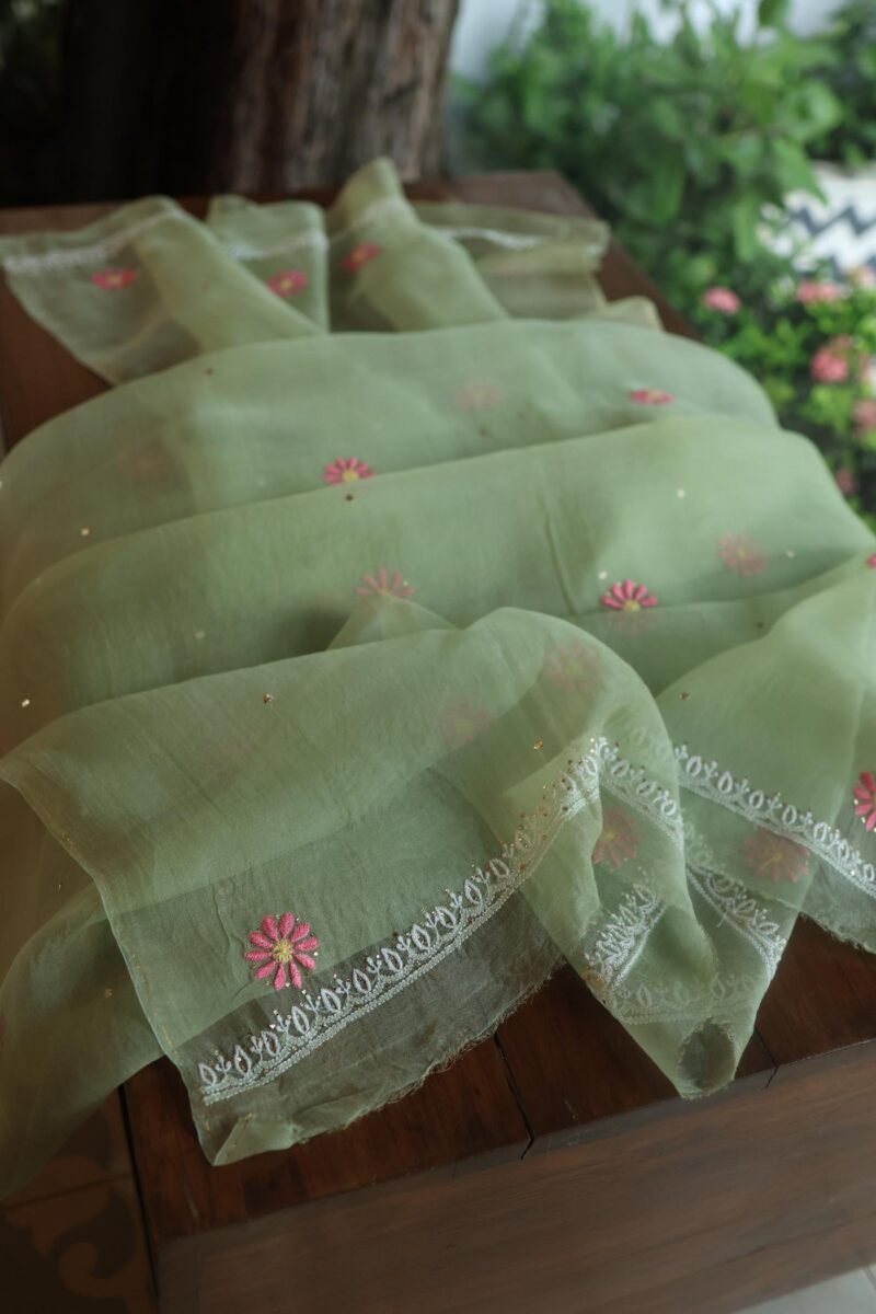 Olive Green Noor Organza Silk Chikankari With Mukaish Kamdani Fabric