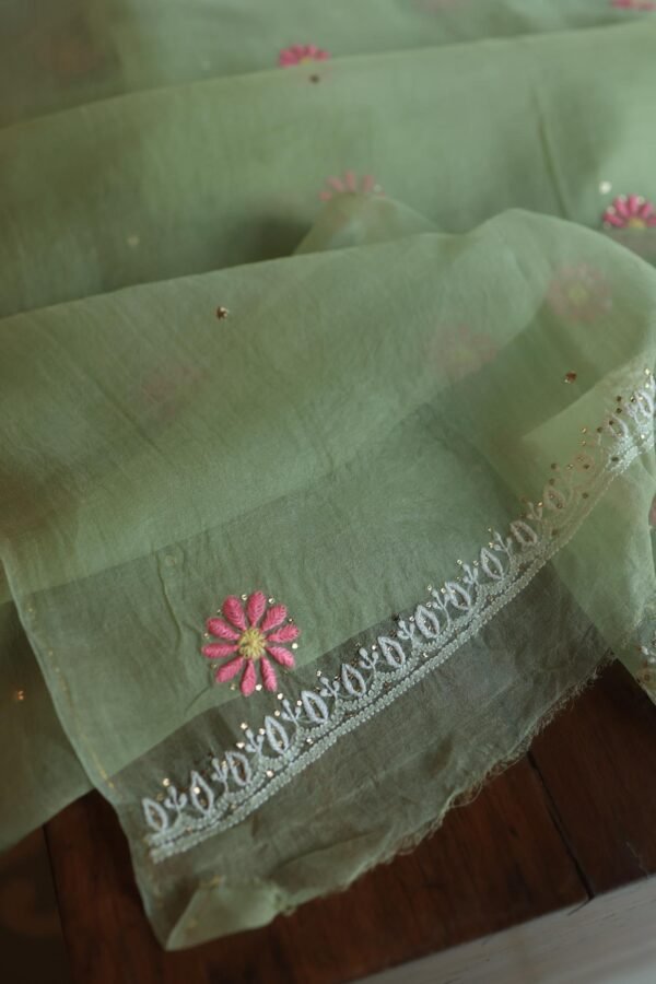 Olive Green Noor Organza Silk Chikankari With Mukaish Kamdani Fabric - Image 9