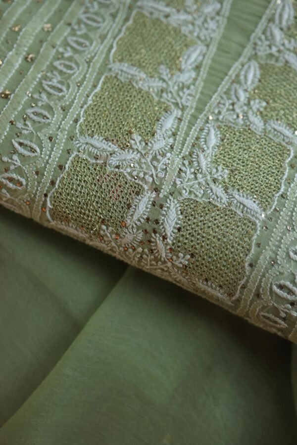 Olive Green Noor Organza Silk Chikankari With Mukaish Kamdani Fabric - Image 2