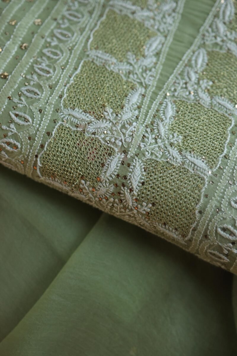 Olive Green Noor Organza Silk Chikankari With Mukaish Kamdani Fabric