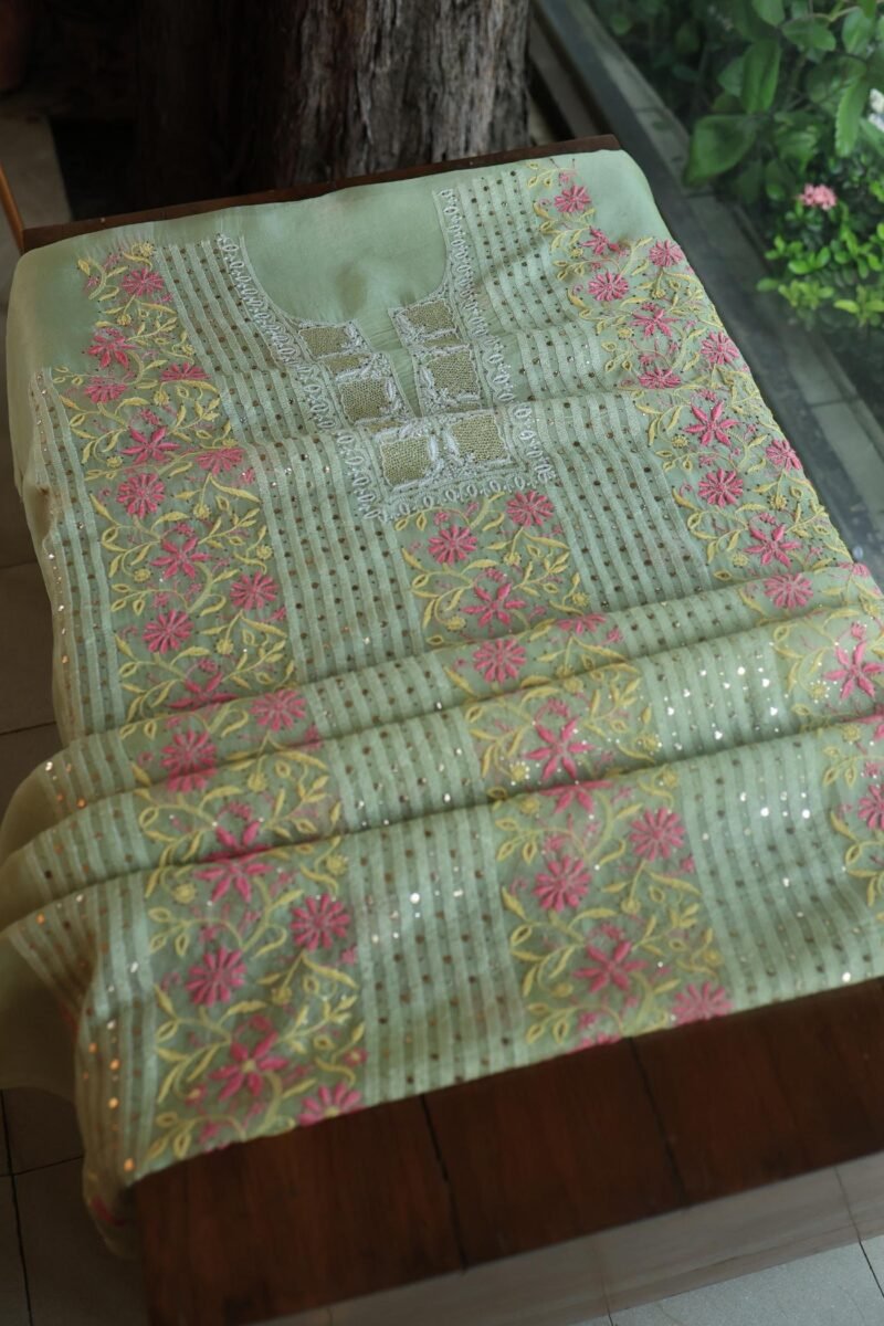 Olive Green Noor Organza Silk Chikankari With Mukaish Kamdani Fabric