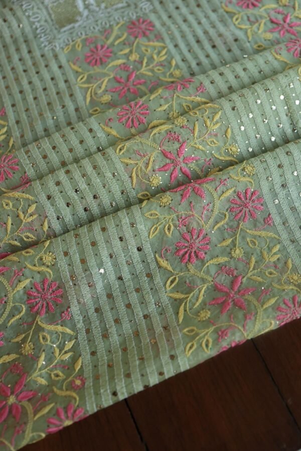 Olive Green Noor Organza Silk Chikankari With Mukaish Kamdani Fabric - Image 11