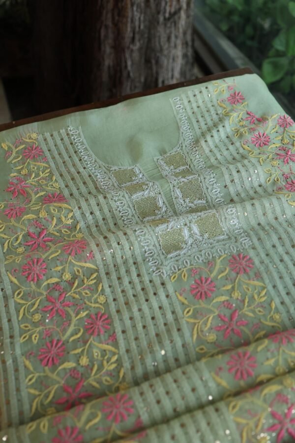 Olive Green Noor Organza Silk Chikankari With Mukaish Kamdani Fabric - Image 12