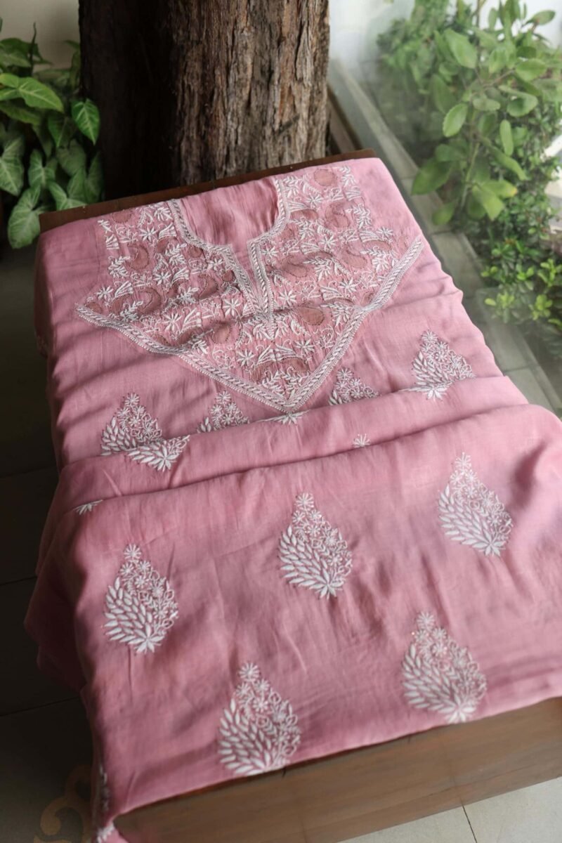 Onion Pink Daraz Chanderi Chikankari Kurta Fabrics
