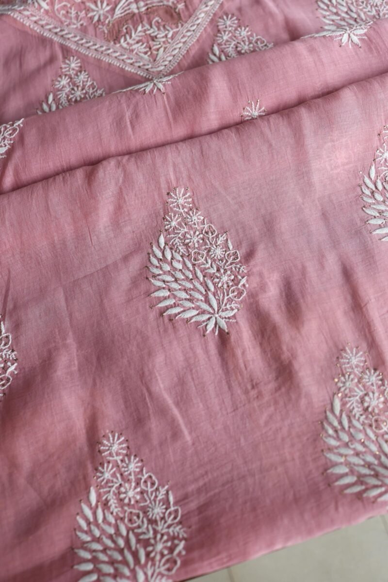 Onion Pink Daraz Chanderi Chikankari Kurta Fabrics
