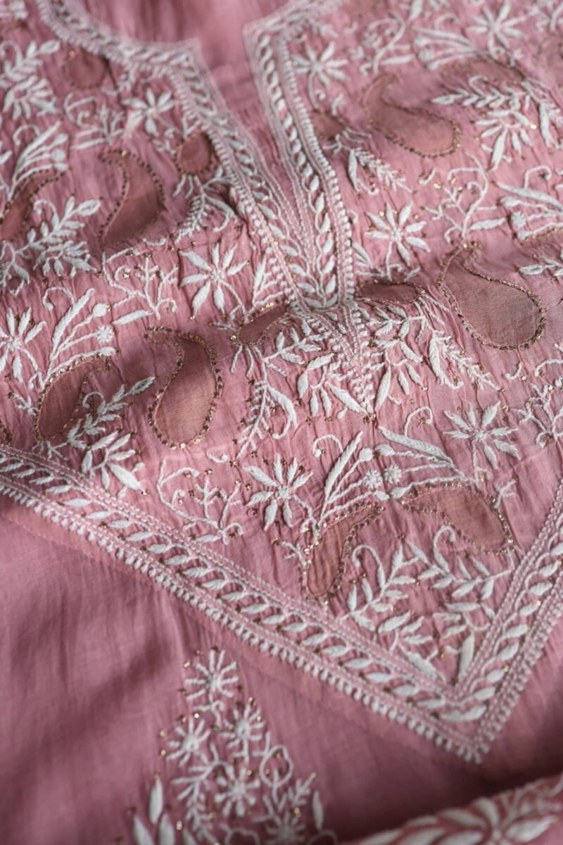 Onion Pink Daraz Chanderi Chikankari Kurta Fabrics