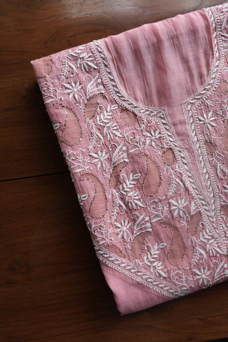 Onion Pink Daraz Chanderi Chikankari Kurta Fabrics