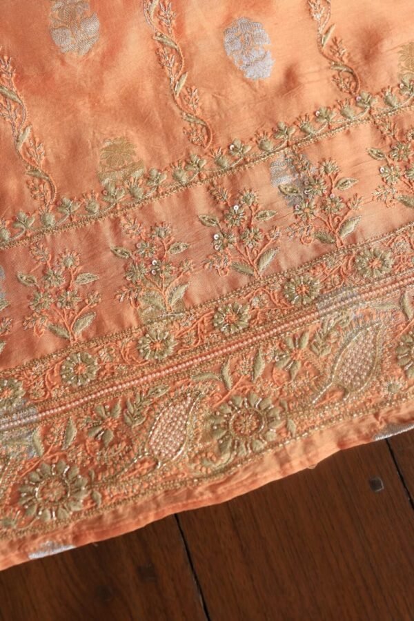 Orange Salmon Banarasi Zari Chanderi Unstitched Chikankari Fabrics - Image 12