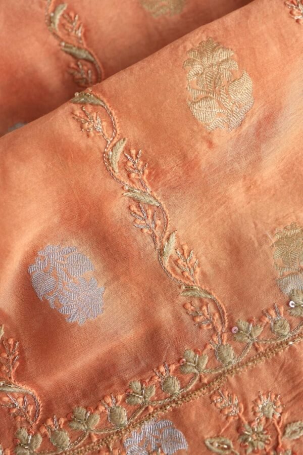 Orange Salmon Banarasi Zari Chanderi Unstitched Chikankari Fabrics - Image 14
