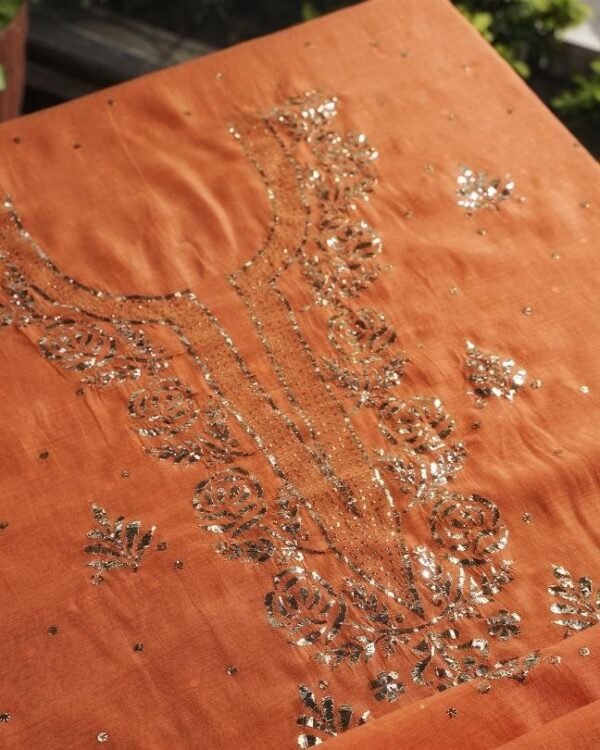 Orange Chanderi Mukaish Badla Unstitched Kurta Dupatta Set - Image 7