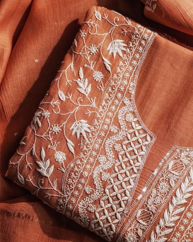 Orange Mal Chanderi Silk Chikankari With Sequins Unstitched Kurta Dupatta Set
