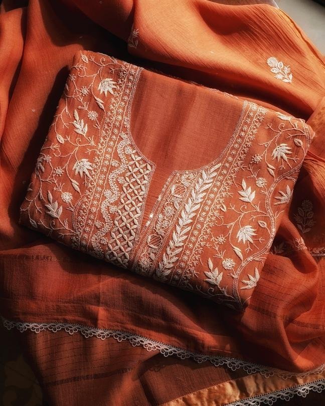 Orange Mal Chanderi Silk Chikankari With Sequins Unstitched Kurta Dupatta Set