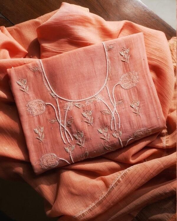 Orange Mal Chanderi Silk Chikankari With Sequins Unstitched Kurta Dupatta Set - Image 5